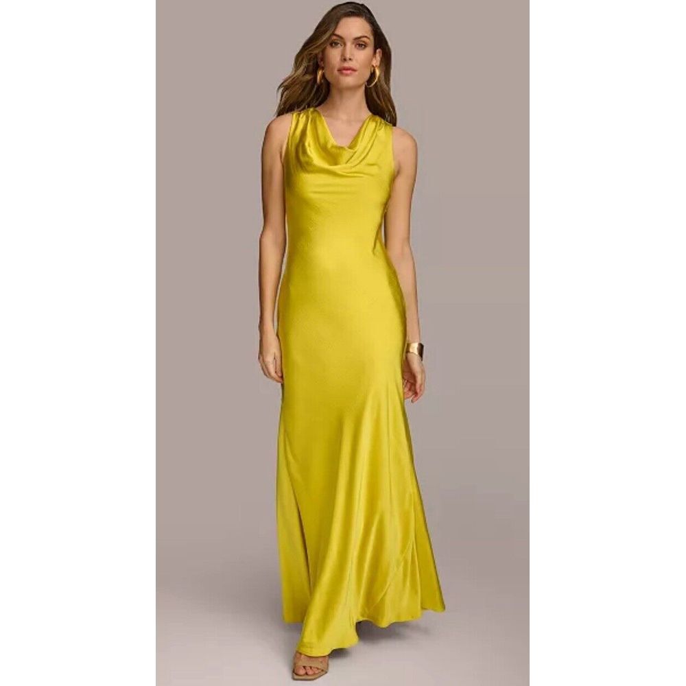 Donna Karan Women's Sleeveless Cowlneck Gown Drop Waist Satin Cocktail Formal 4
